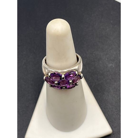 Signed Sterling Silver 925 Purple Amethyst Cluster Brick Step Ring Size 6 3/4 - Picture 3 of 8